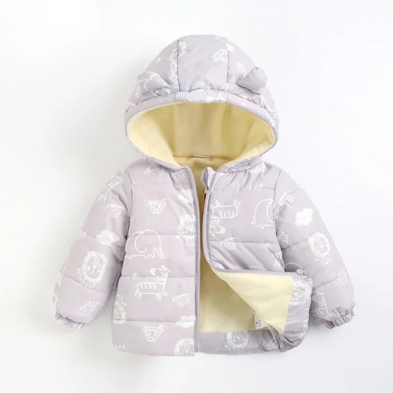Light purple baby puffer jacket with hood and animal prints, soft cream lining, and cute bear ears