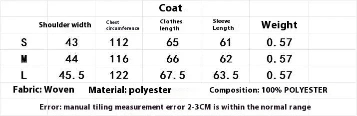Size chart for polyester woven coat showing shoulder width, chest circumference, length, sleeve length, and weight for sizes S, M, and L