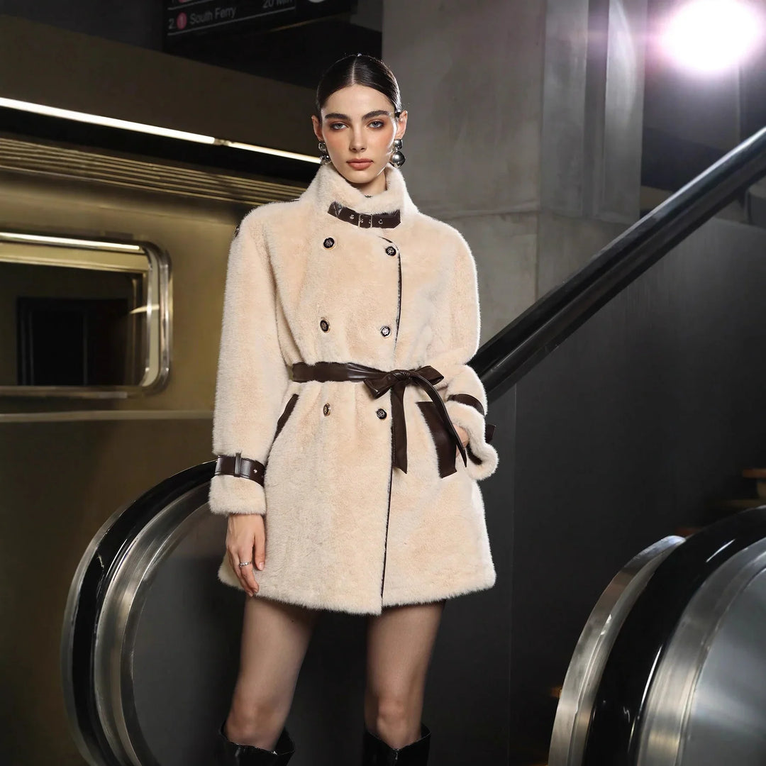 Fashion model in beige faux fur coat with brown leather belt standing by escalator in subway
