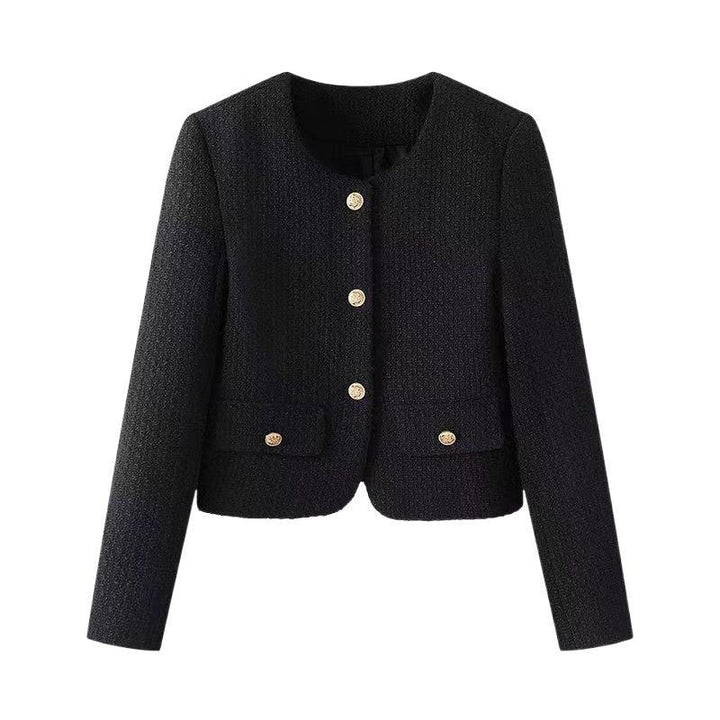 Black textured women's cropped blazer with gold buttons and front flap pockets