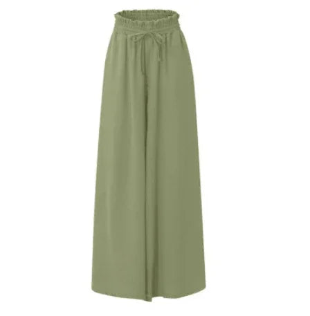 Olive green wide-leg pants with elastic ruffled waistband and drawstring