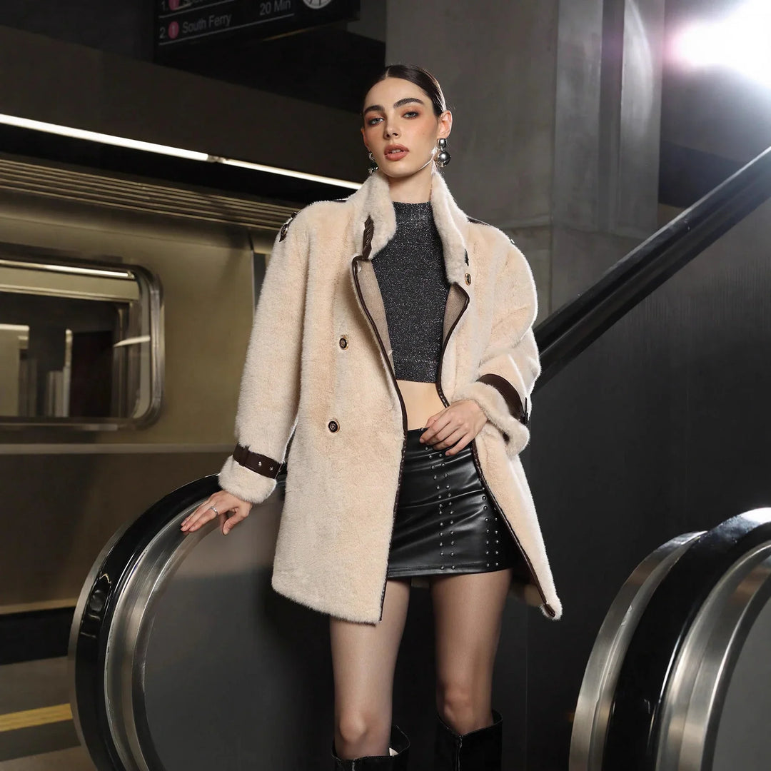 Fashion model in beige faux fur coat, black crop top, and leather skirt posing at subway station