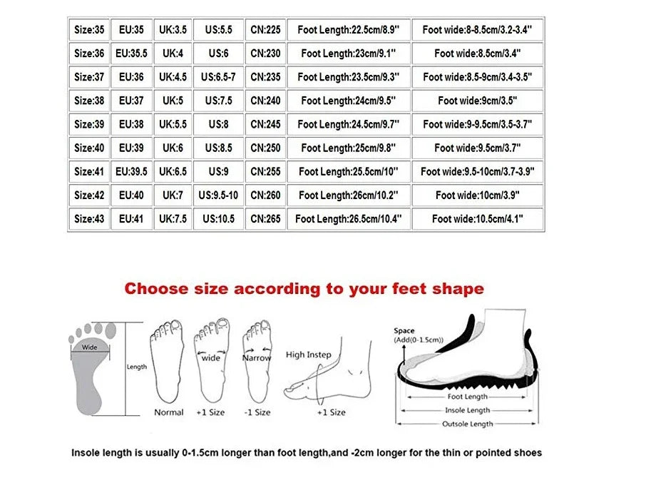 Shoe size chart with foot length, width measurements, and foot shape guide illustrations.