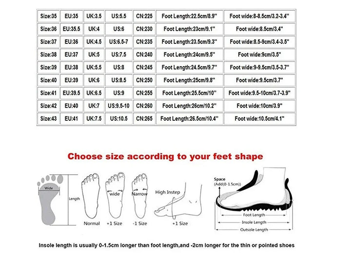 Shoe size chart with foot length, width measurements, and foot shape guide illustrations.