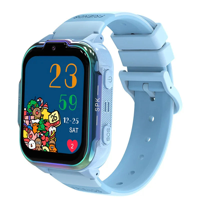 Blue kids smartwatch with colorful Christmas-themed digital display and adjustable silicone strap