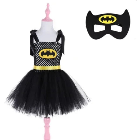 Black Batman-themed tutu dress with logo and matching black eye mask for kids costume