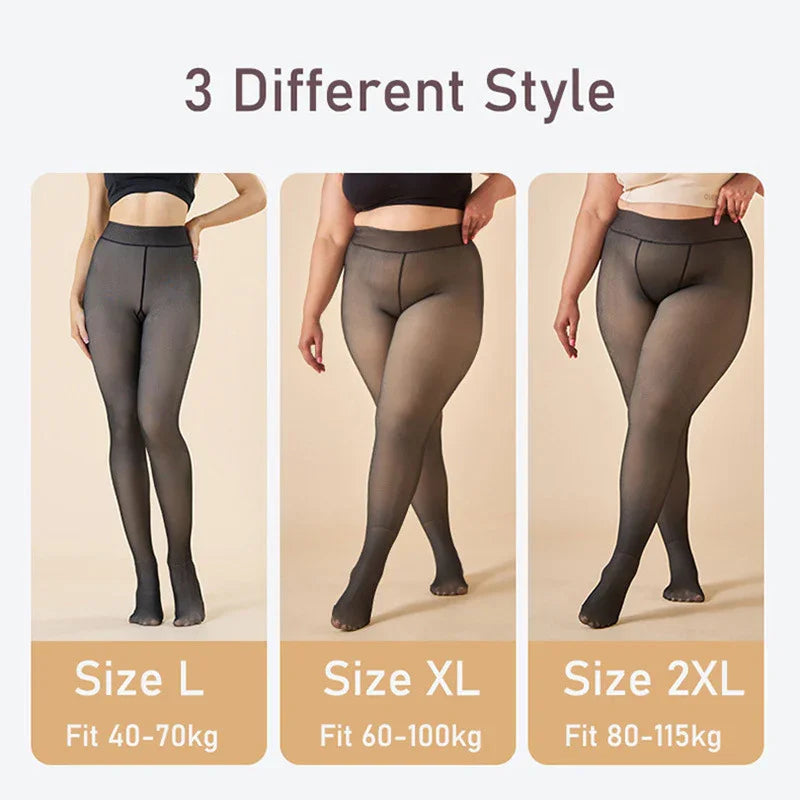 Three models wearing black sheer tights in sizes L, XL, and 2XL showing fit for different body weights