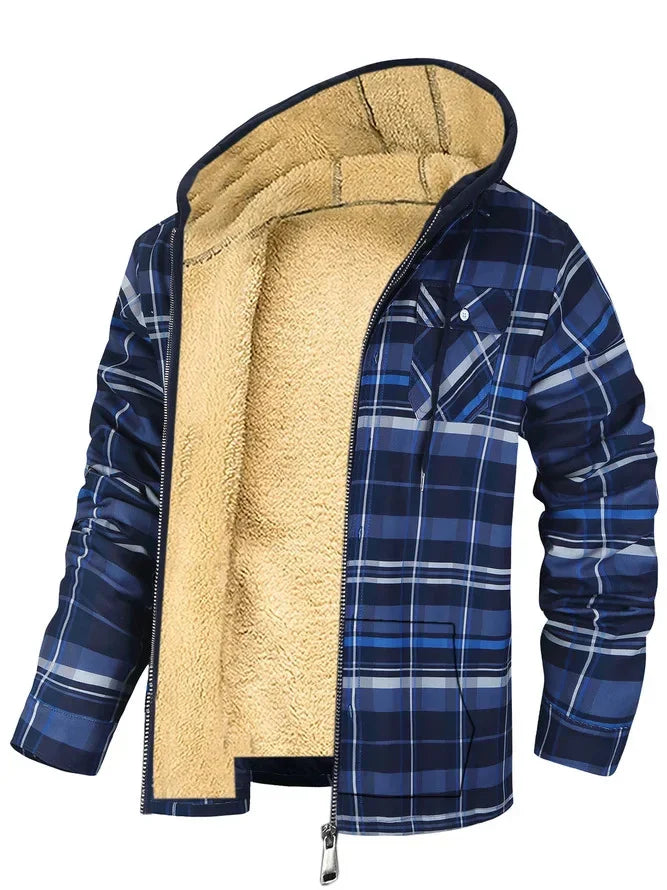 Blue and black plaid jacket with soft beige sherpa lining and zip closure