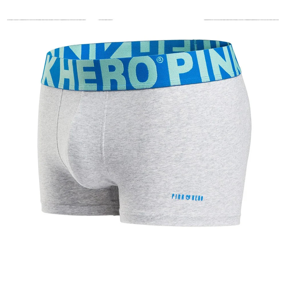 Light grey men's boxer briefs with blue Pink Hero logo waistband and small logo print