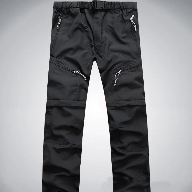 Black outdoor hiking pants with zipper pockets and adjustable belt on waist