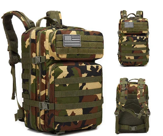 Camouflage tactical backpack with MOLLE straps and American flag patch, shown from front, side, and back views