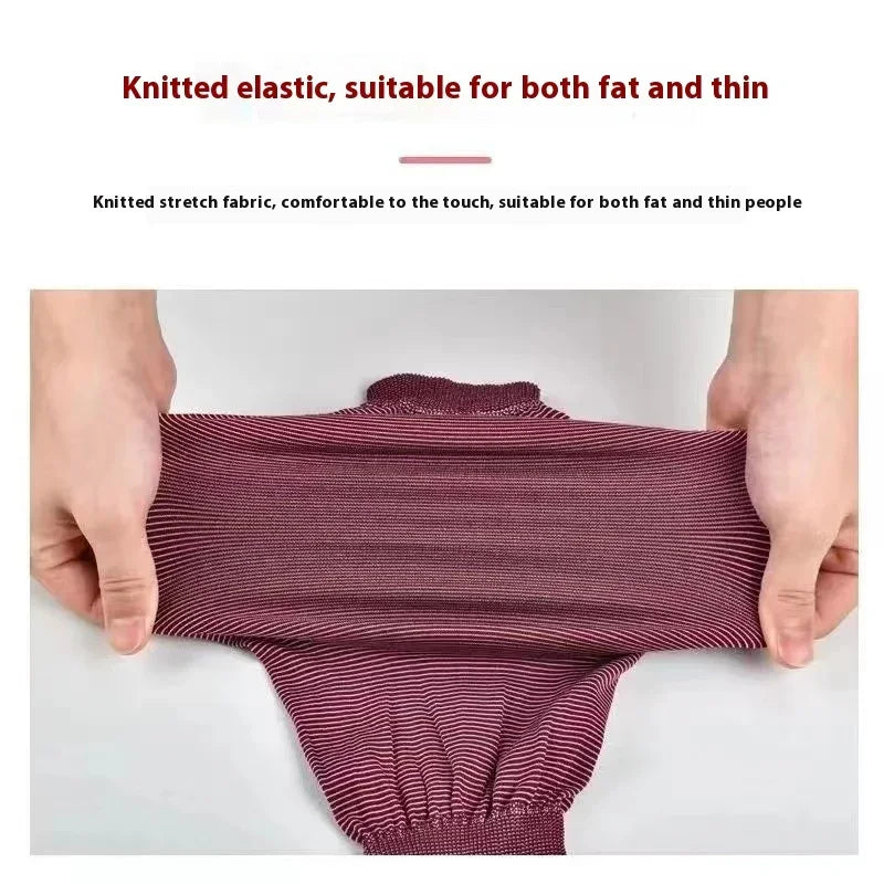 Hands stretching a maroon and white striped knitted elastic fabric, showing its flexibility and softness