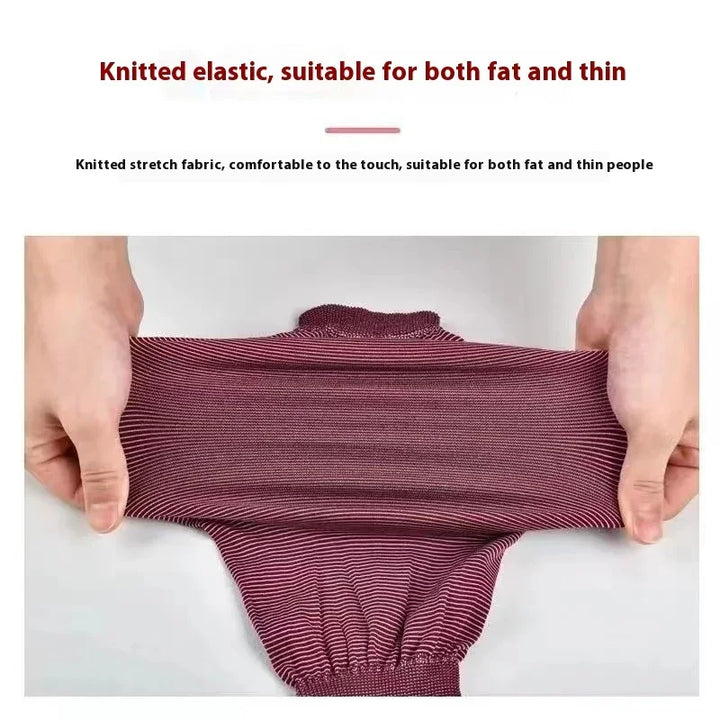 Hands stretching a maroon and white striped knitted elastic fabric, showing its flexibility and softness