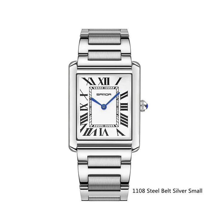 Silver rectangular wristwatch with steel belt and Roman numeral dial by SAMOA
