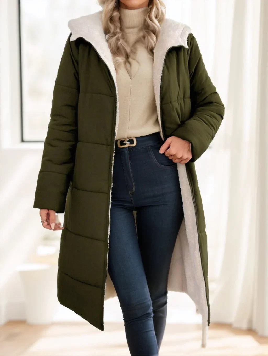 Woman wearing olive green long puffer coat with white fleece lining and dark blue jeans indoors