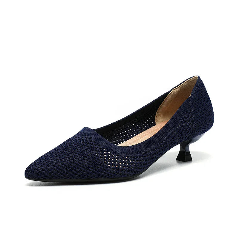Navy blue pointed toe women’s kitten heel shoe with breathable knit fabric and low heel