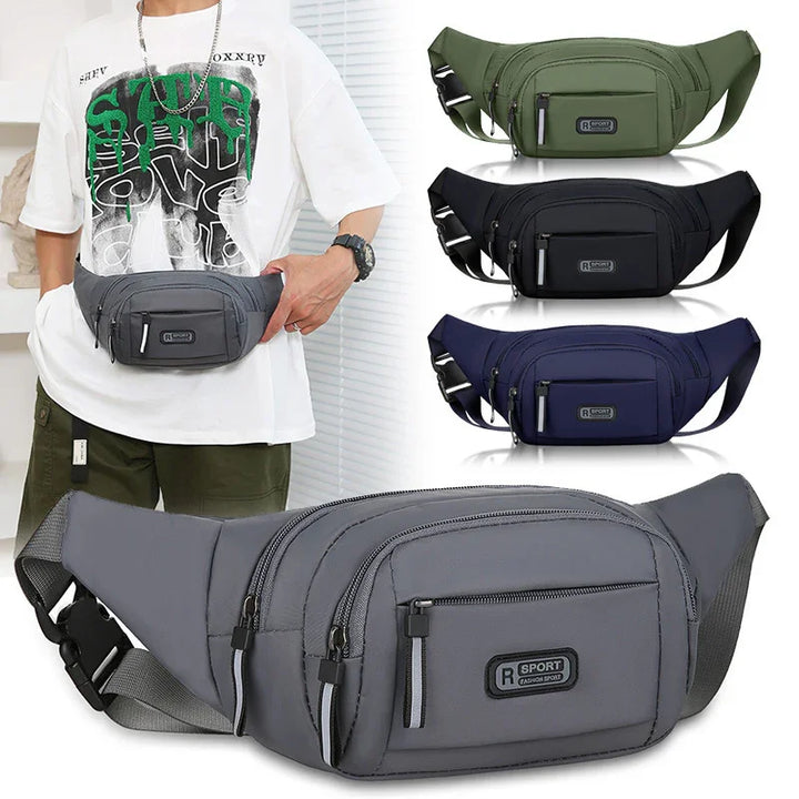 Men's outdoor sport waist bags in gray, green, black, and navy with multiple zippered compartments