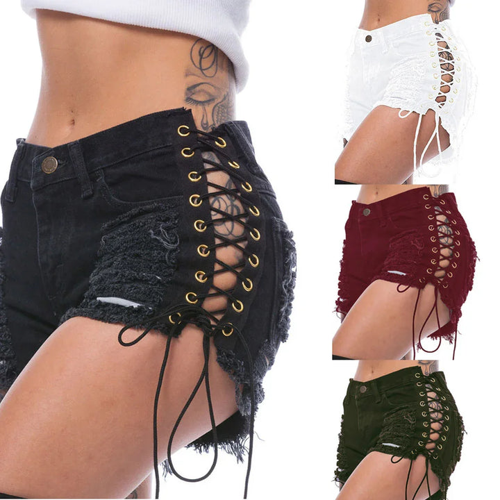 Women wearing distressed denim shorts with side lace-up detail in black, white, burgundy, and green colors