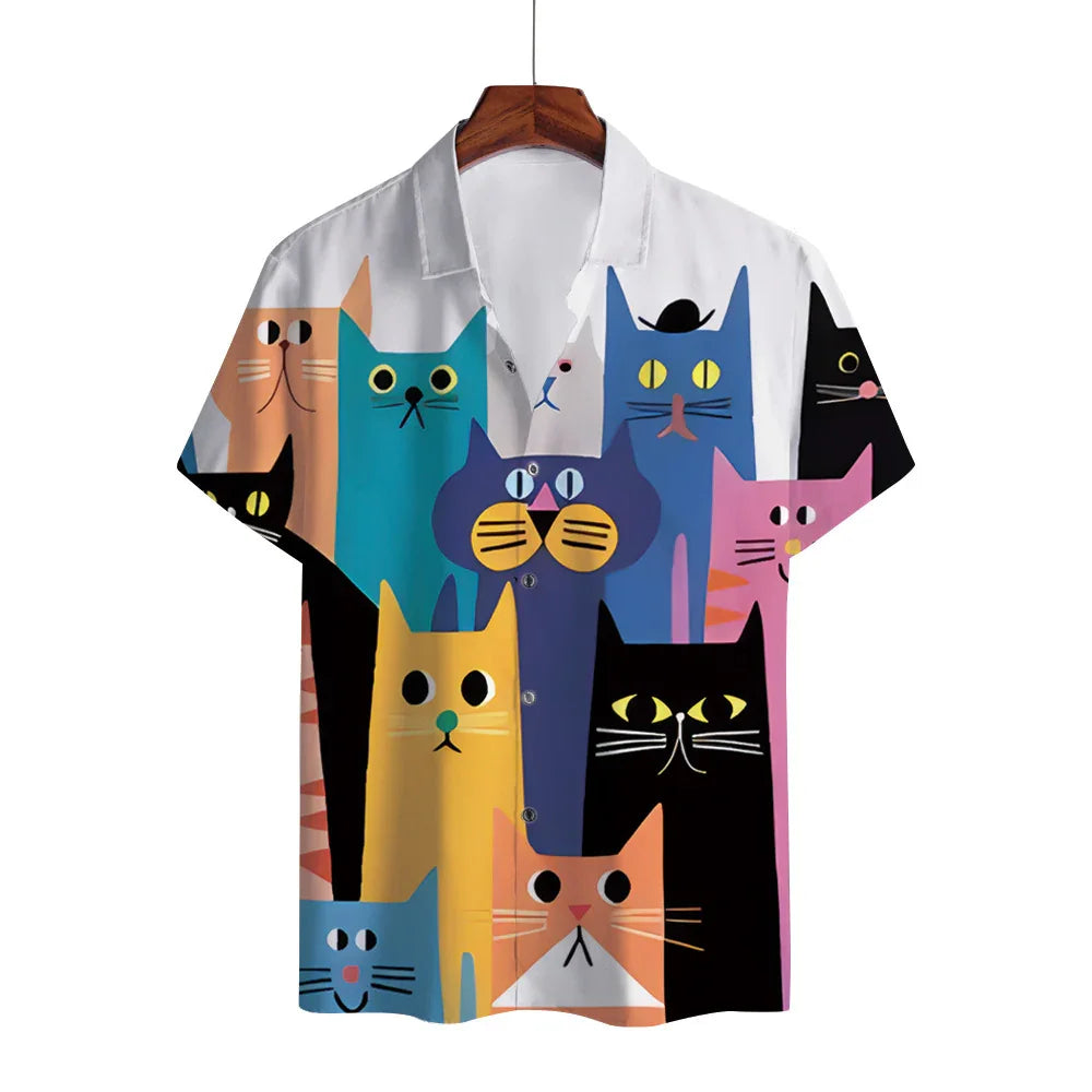 Colorful short-sleeve button-up shirt with cartoon cat faces in various colors on white background