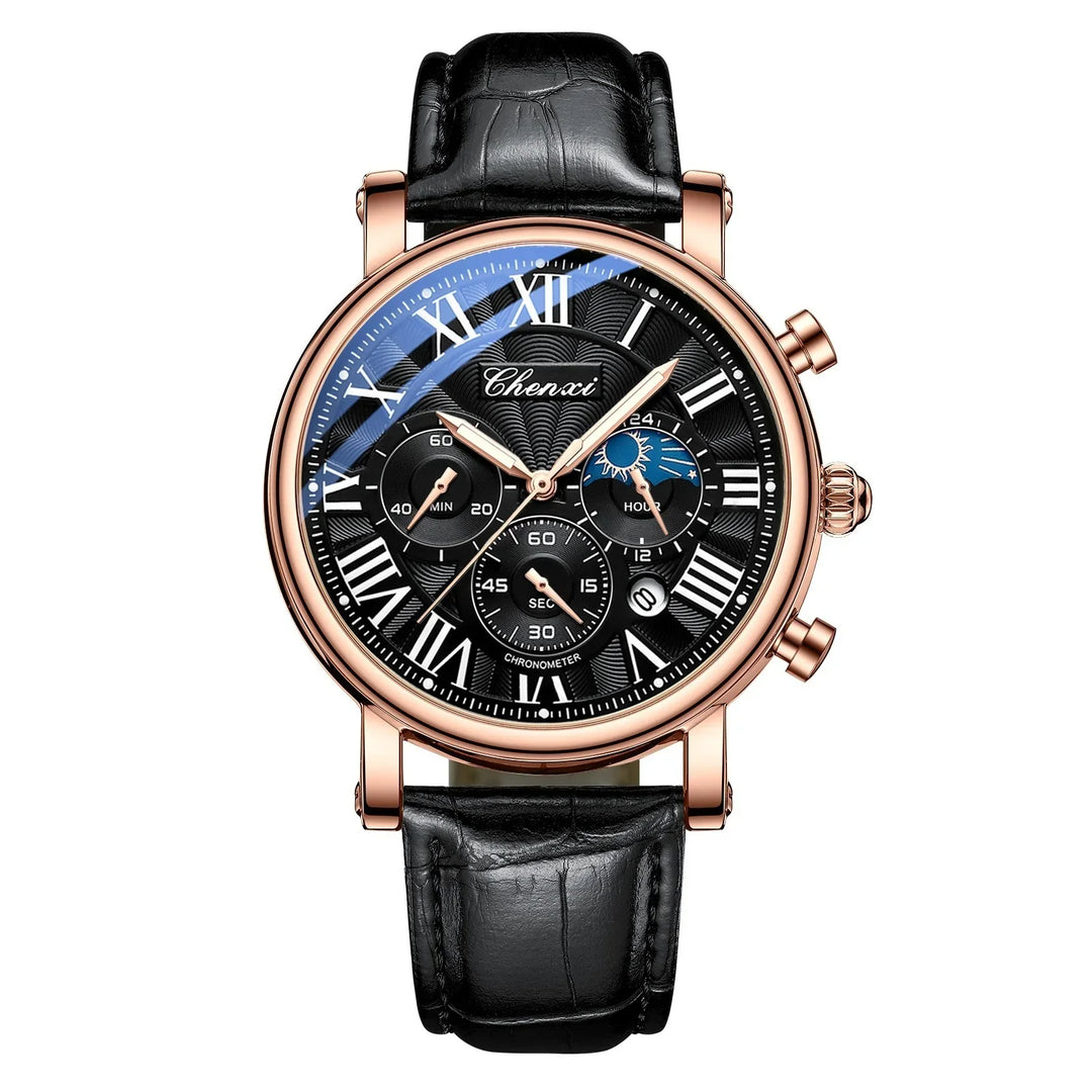 Black and rose gold Chenxi chronograph wristwatch with Roman numerals and black leather strap