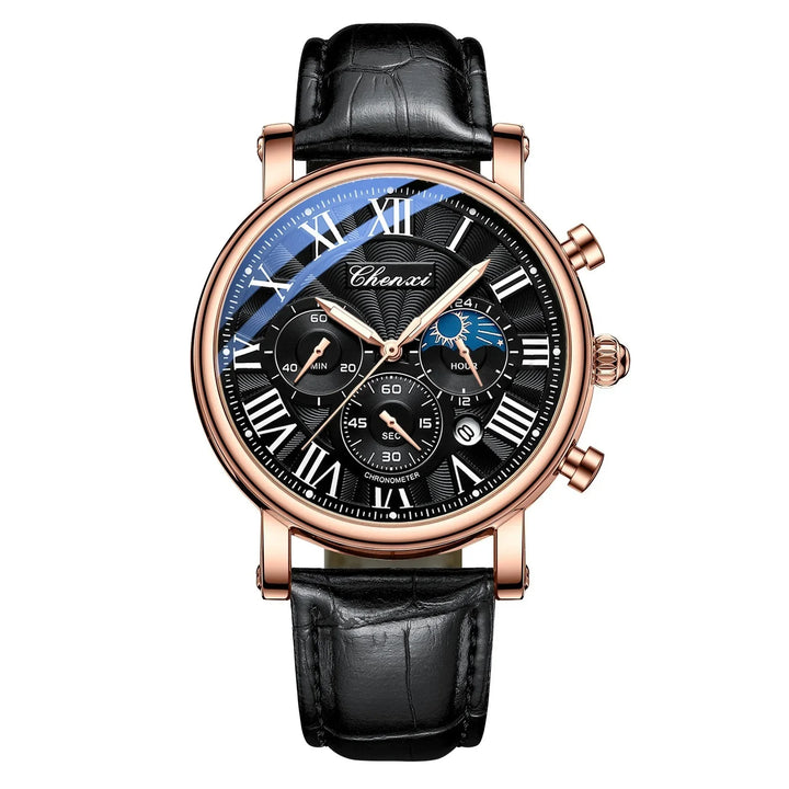 Black and rose gold Chenxi chronograph wristwatch with Roman numerals and black leather strap