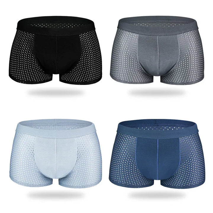 Set of four men's breathable mesh boxer briefs in black, gray, light blue, and navy blue colors