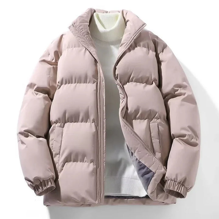 Light beige puffer jacket open to reveal white ribbed turtleneck sweater inside