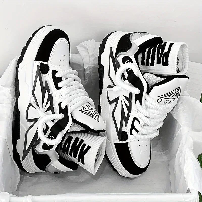 Black and white high-top sneakers with bold lightning bolt design and thick white laces