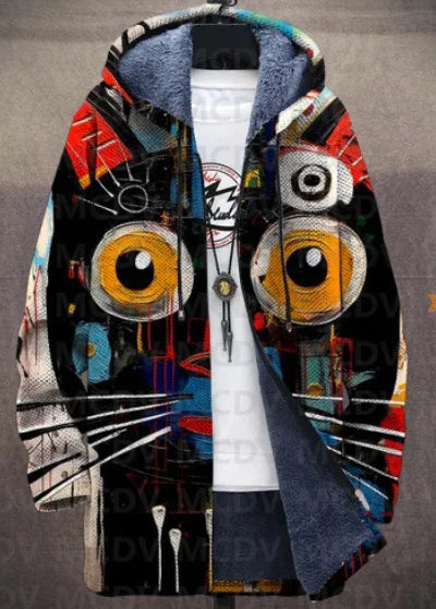 Colorful hoodie with large cat face design, bold yellow eyes, whiskers, and abstract patterns.
