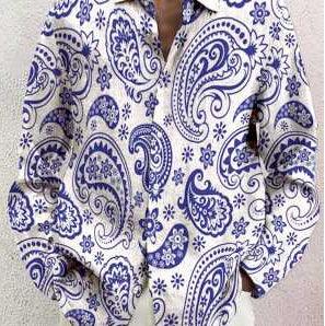 White button-up shirt with blue paisley and floral print, casual men's fashion