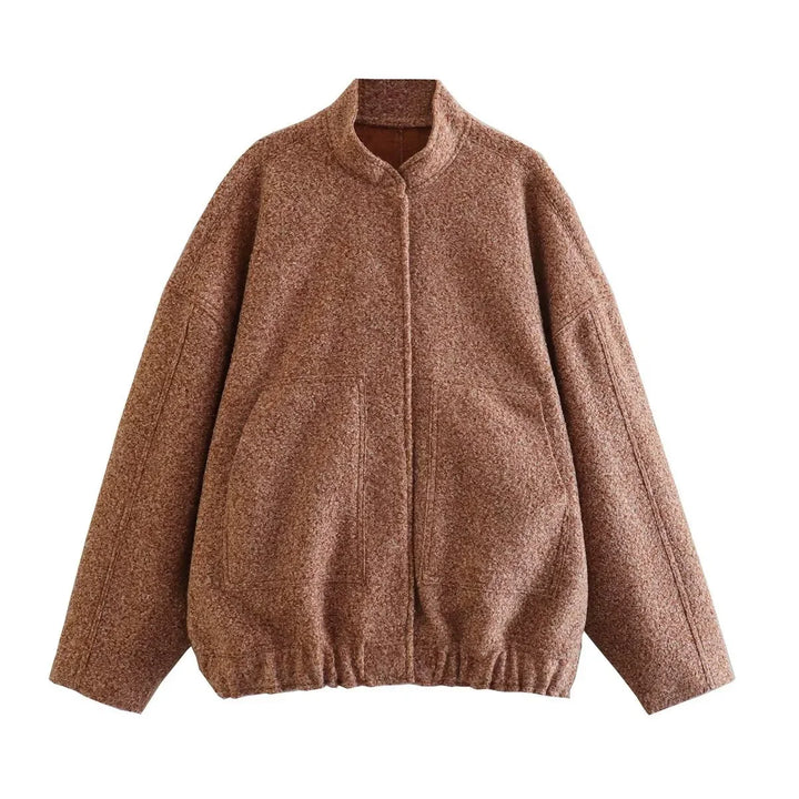 brown wool textured bomber jacket with stand collar and elastic hem