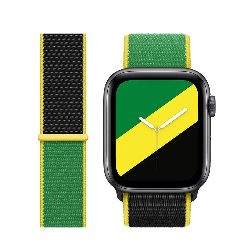 Smartwatch with black case and Jamaican flag watch face, green and black nylon band with yellow edges