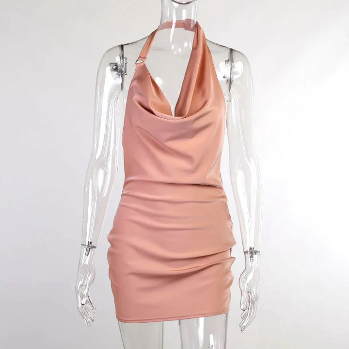 rose gold satin halter neck mini dress on clear mannequin