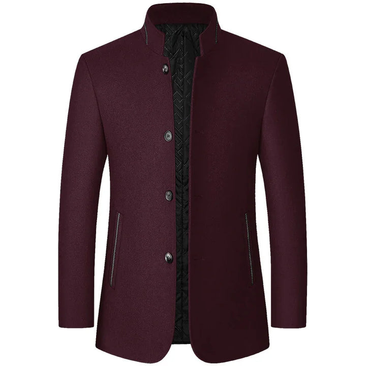 Men's burgundy wool blend coat with mandarin collar, button closure, and quilted black lining