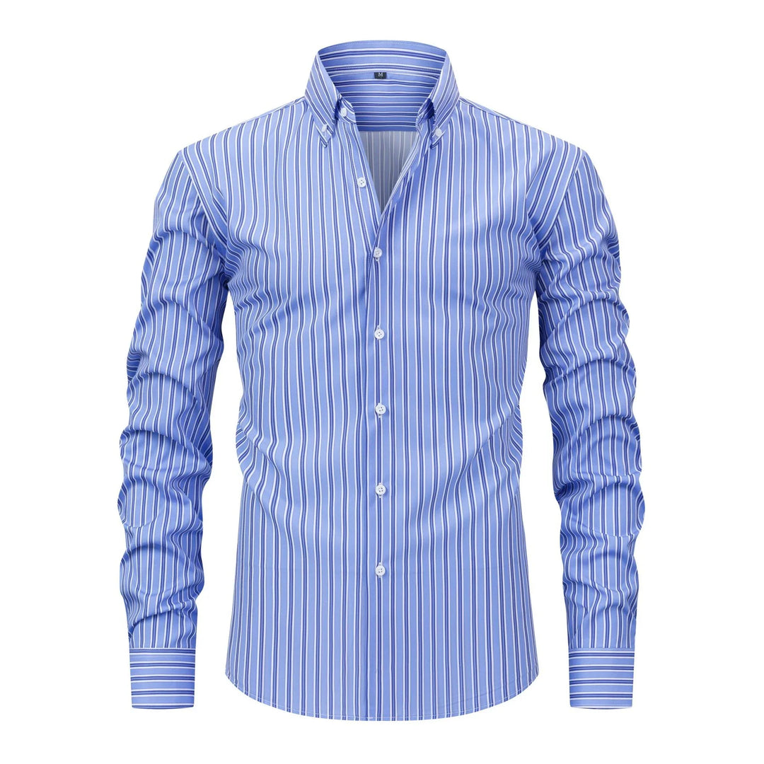 Men's blue and white vertical striped dress shirt with button-down collar and long sleeves