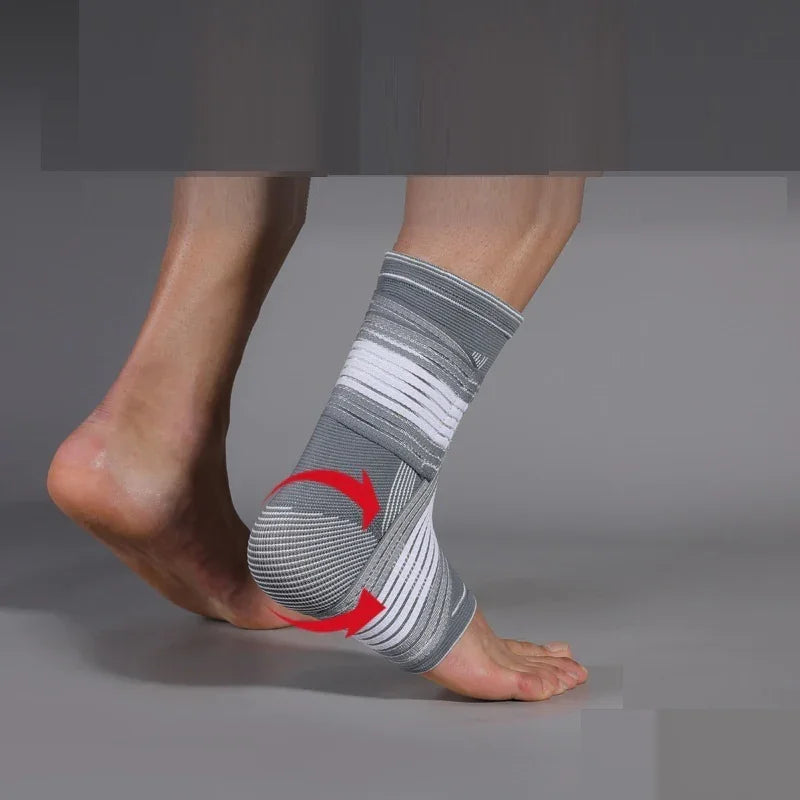 Gray ankle compression brace on foot, red arrow shows support function, injury recovery