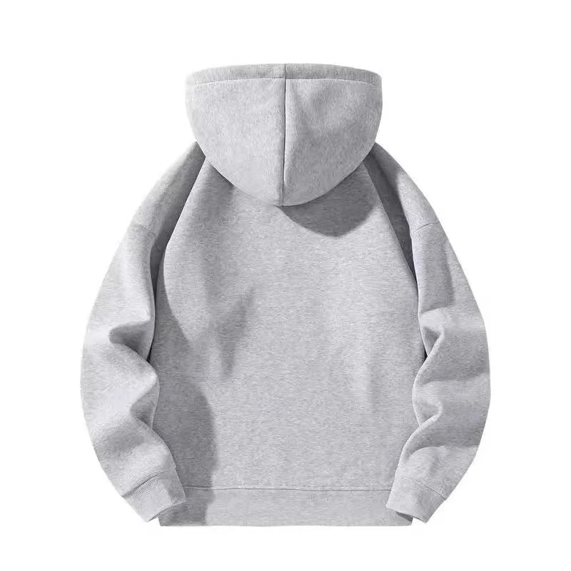 Back view of plain light gray hooded sweatshirt with long sleeves and ribbed cuffs