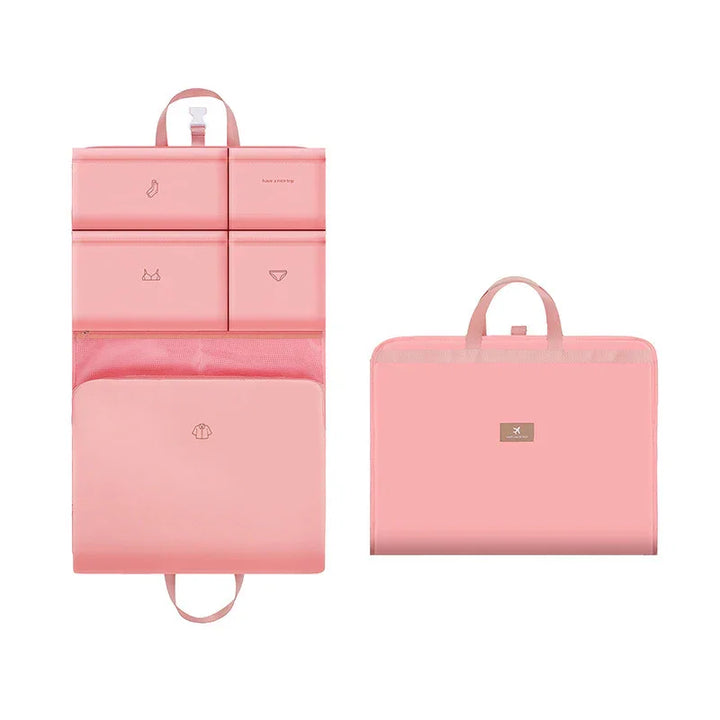 Pink travel organizer foldable packing cubes with compartments for socks, bra, underwear, and shirts