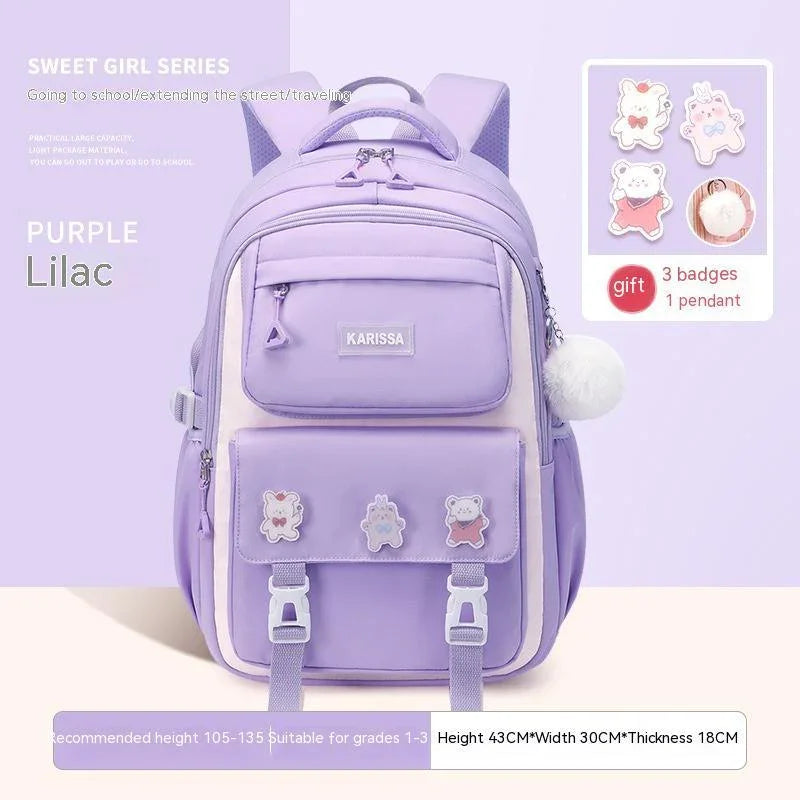 Lilac purple Karissa backpack for girls with cute animal badges and fluffy pendant