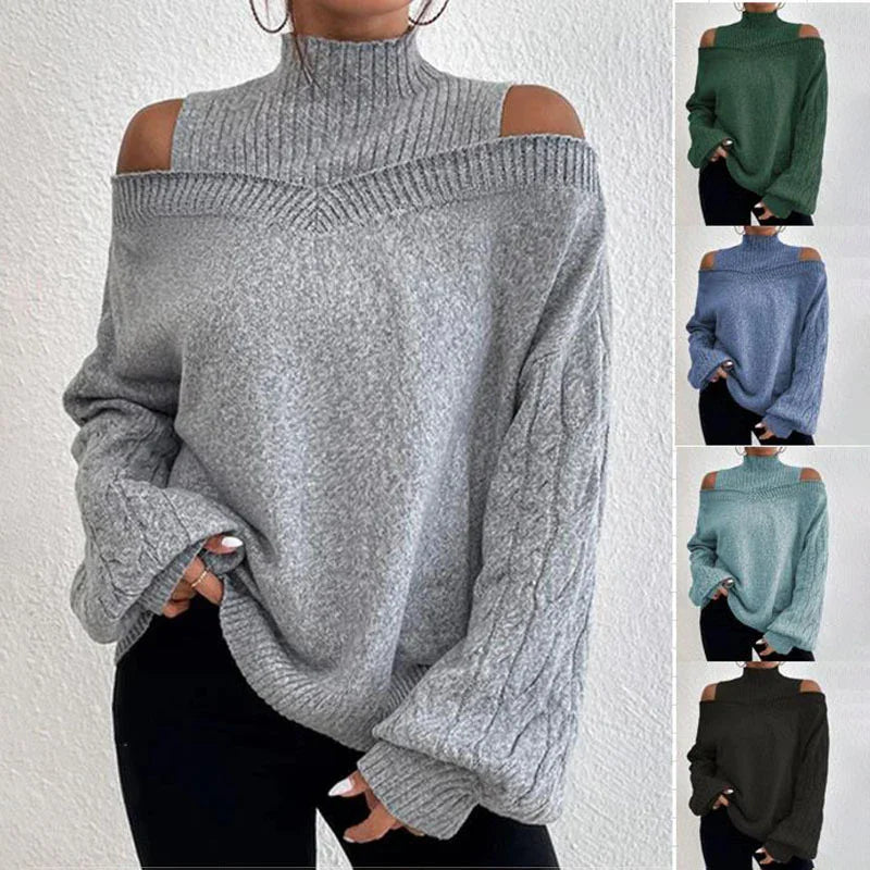 Women’s off-shoulder turtleneck cable knit sweater in gray, green, blue, teal, and black colors