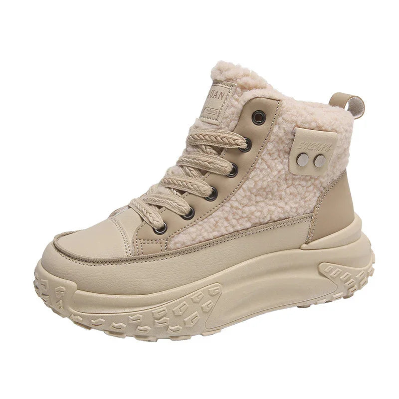 Beige winter high-top sneaker with thick sole and fluffy fleece lining