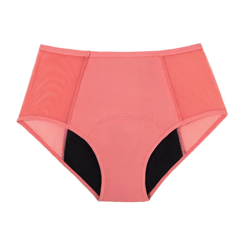 Coral pink women's high-waisted breathable mesh underwear with black gusset panel
