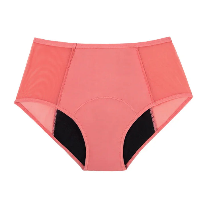 Coral pink women's high-waisted breathable mesh underwear with black gusset panel