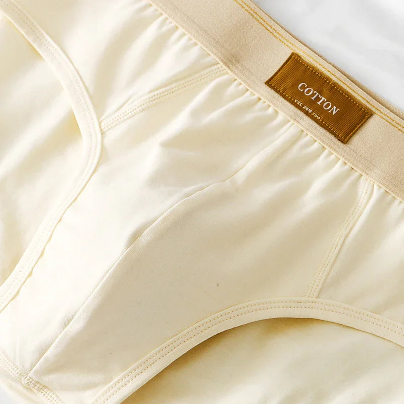 Cream cotton men's briefs with brown label on waistband on white background