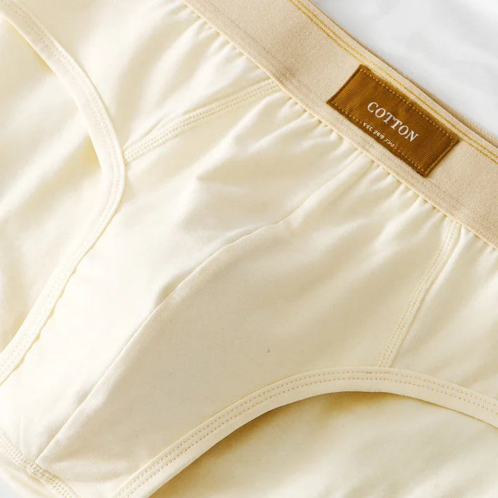 Cream cotton men's briefs with brown label on waistband on white background