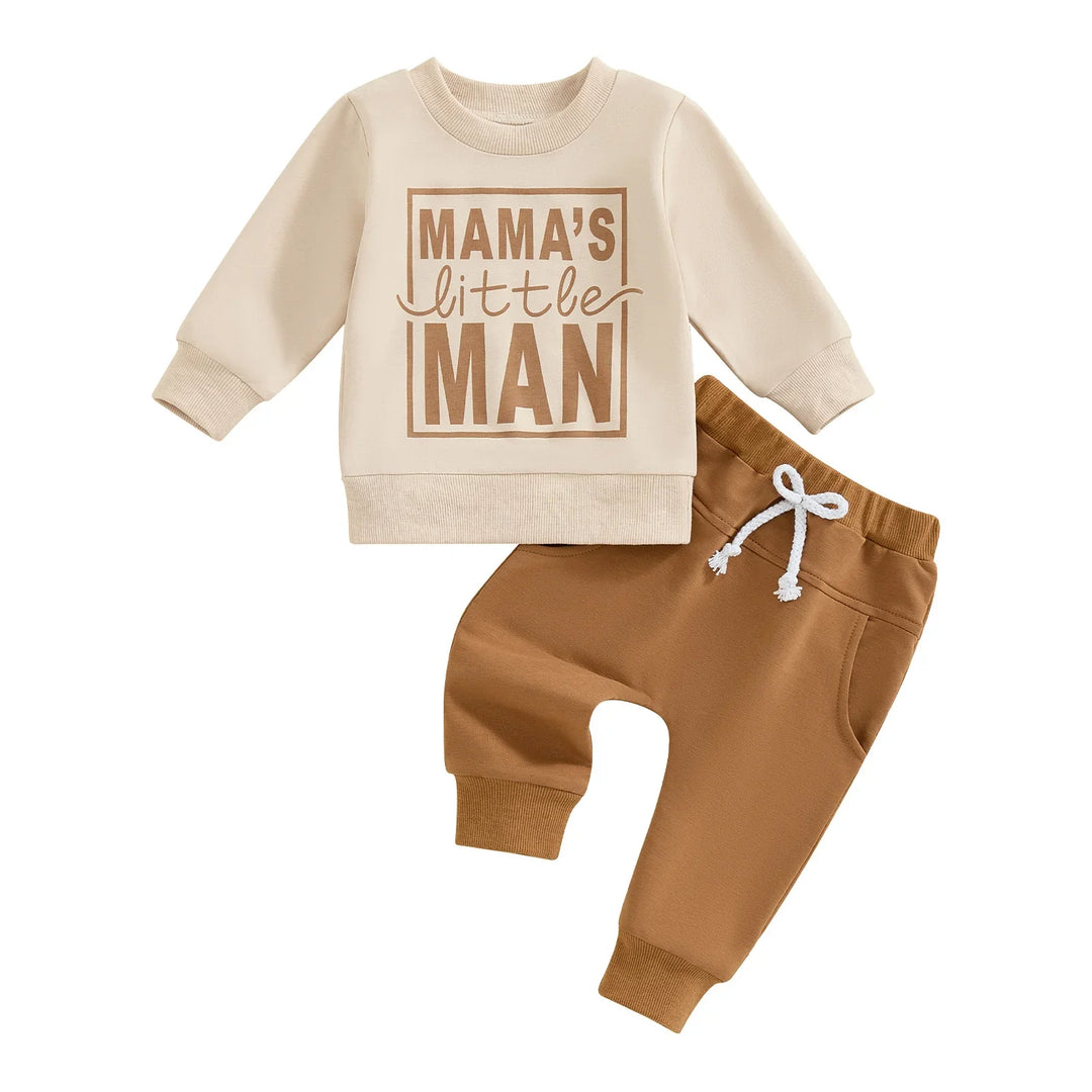 Beige toddler sweatshirt with "MAMA'S little MAN" text and brown toddler pants with white drawstring