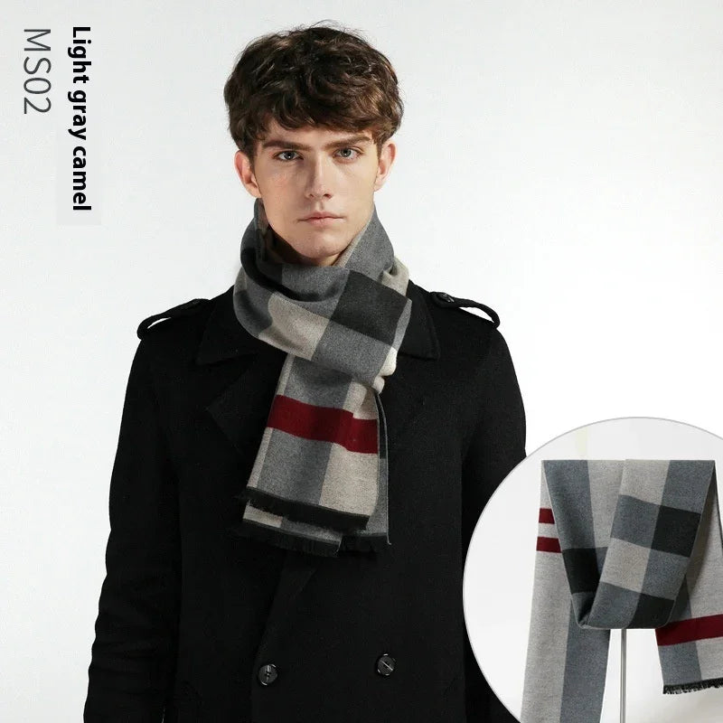 Young man wearing black coat with light gray camel checkered scarf featuring red stripe detail