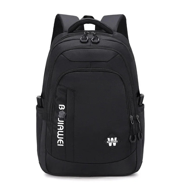 Black waterproof backpack with multiple zippered compartments and padded shoulder straps