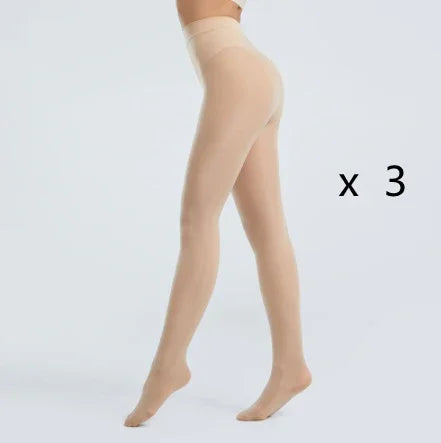 three pairs of sheer nude pantyhose on model legs against light background