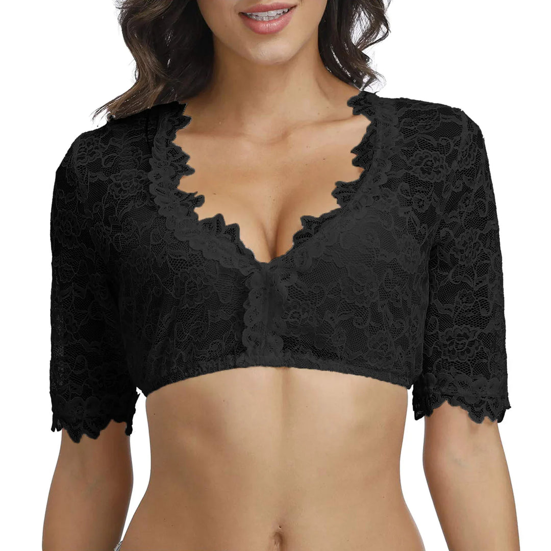 Woman wearing black lace cropped blouse with scalloped edges and half sleeves